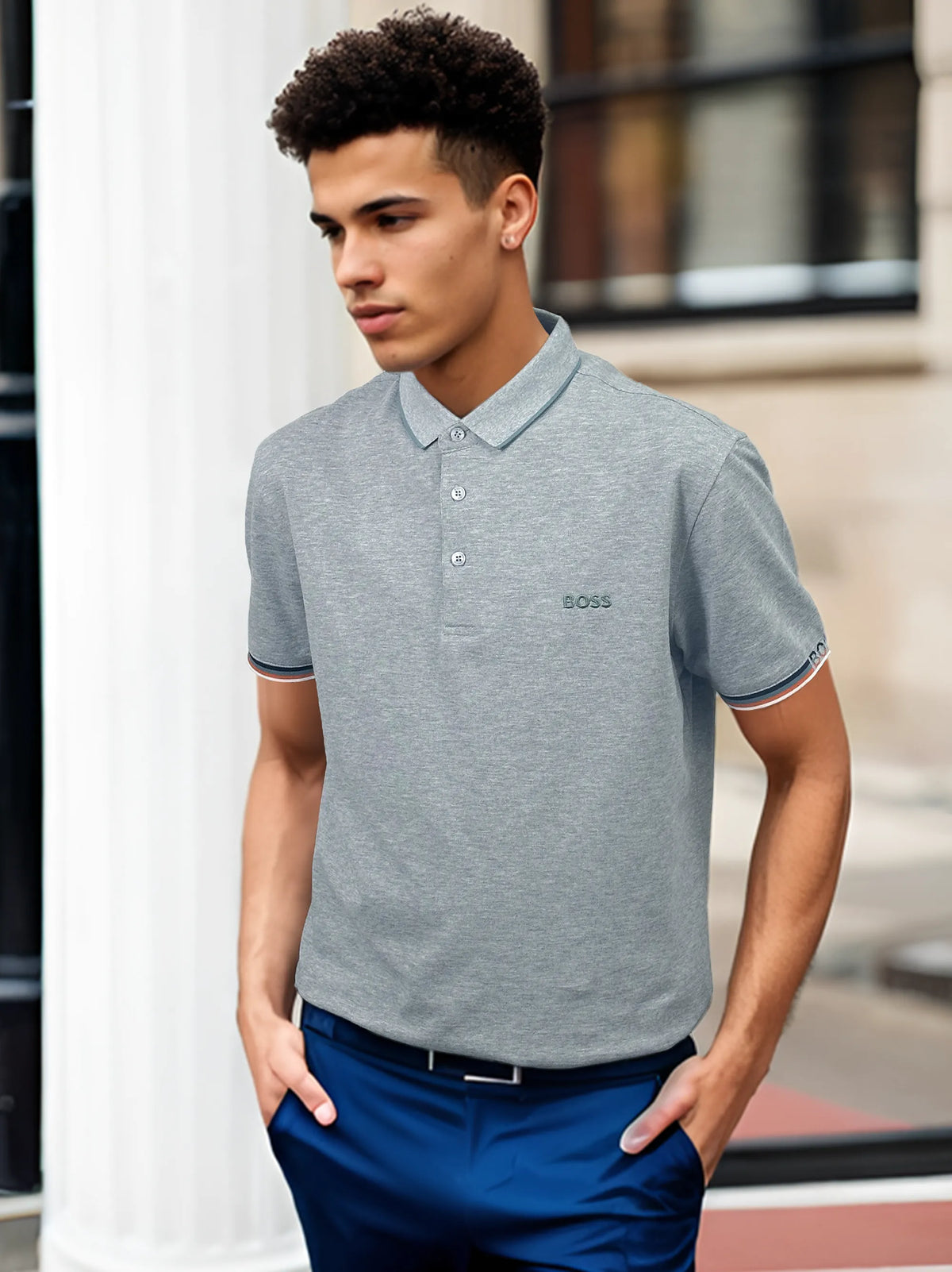 Boss Multicoloured Rib Logo Grey Polo Shirt