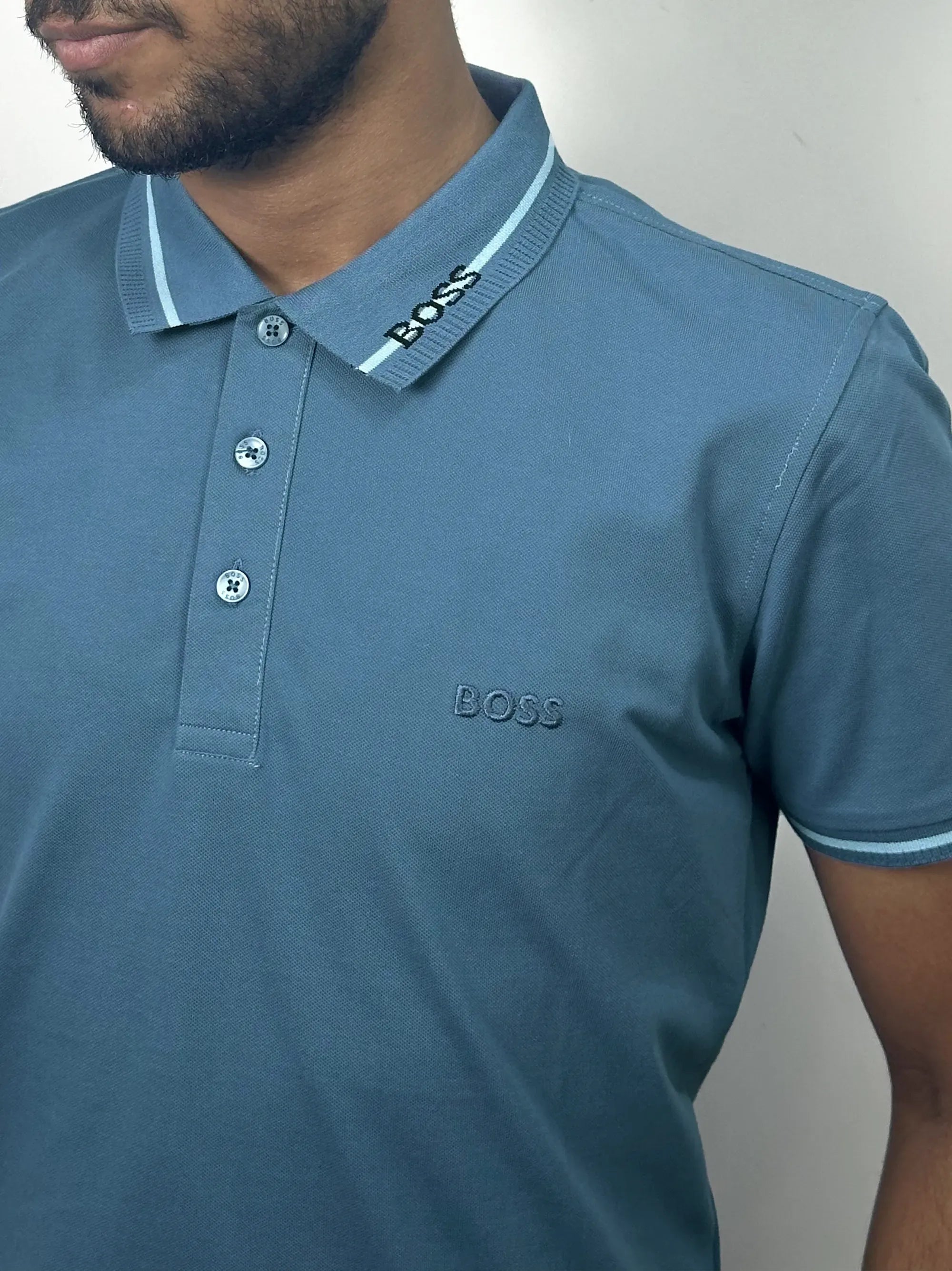 Boss stylish Collar with Logo Mid Blue Polo Shirt