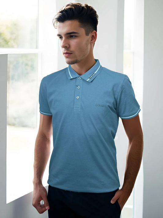 Boss stylish Collar with Logo Mid Blue Polo Shirt