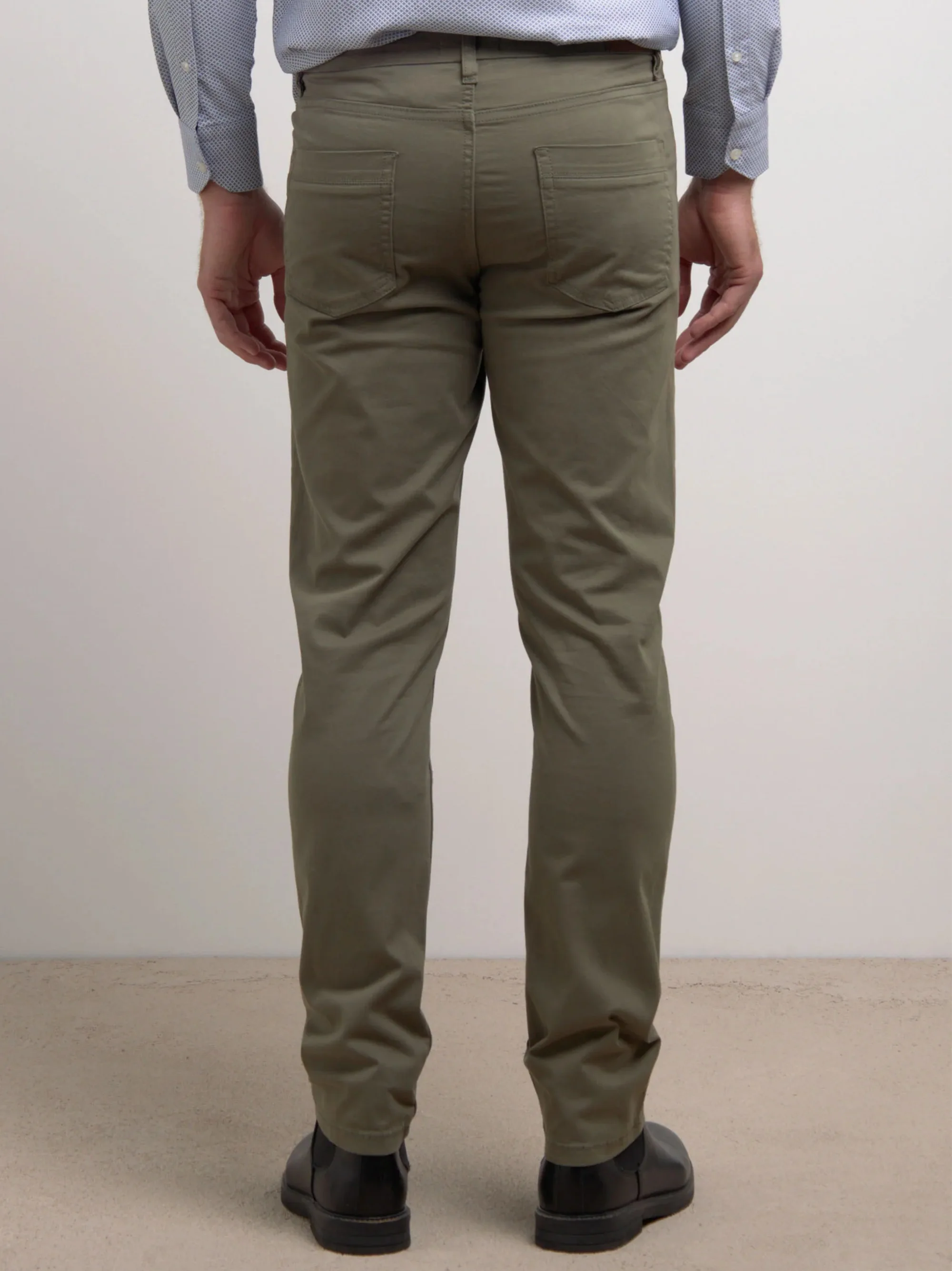 Five pocket slim fit olive green cotton pant