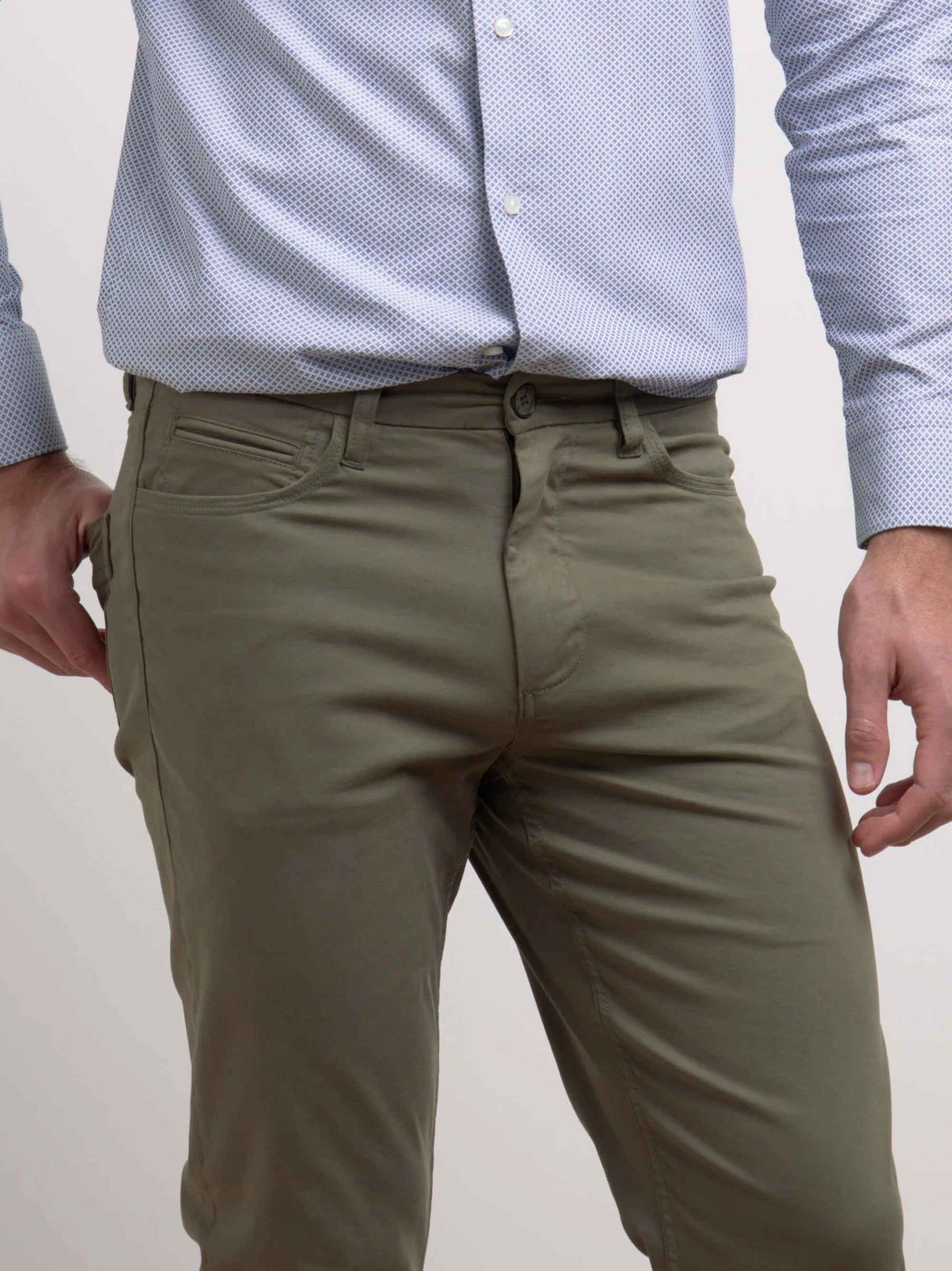 Five pocket slim fit olive green cotton pant