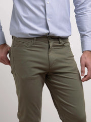 Five pocket slim fit olive green cotton pant