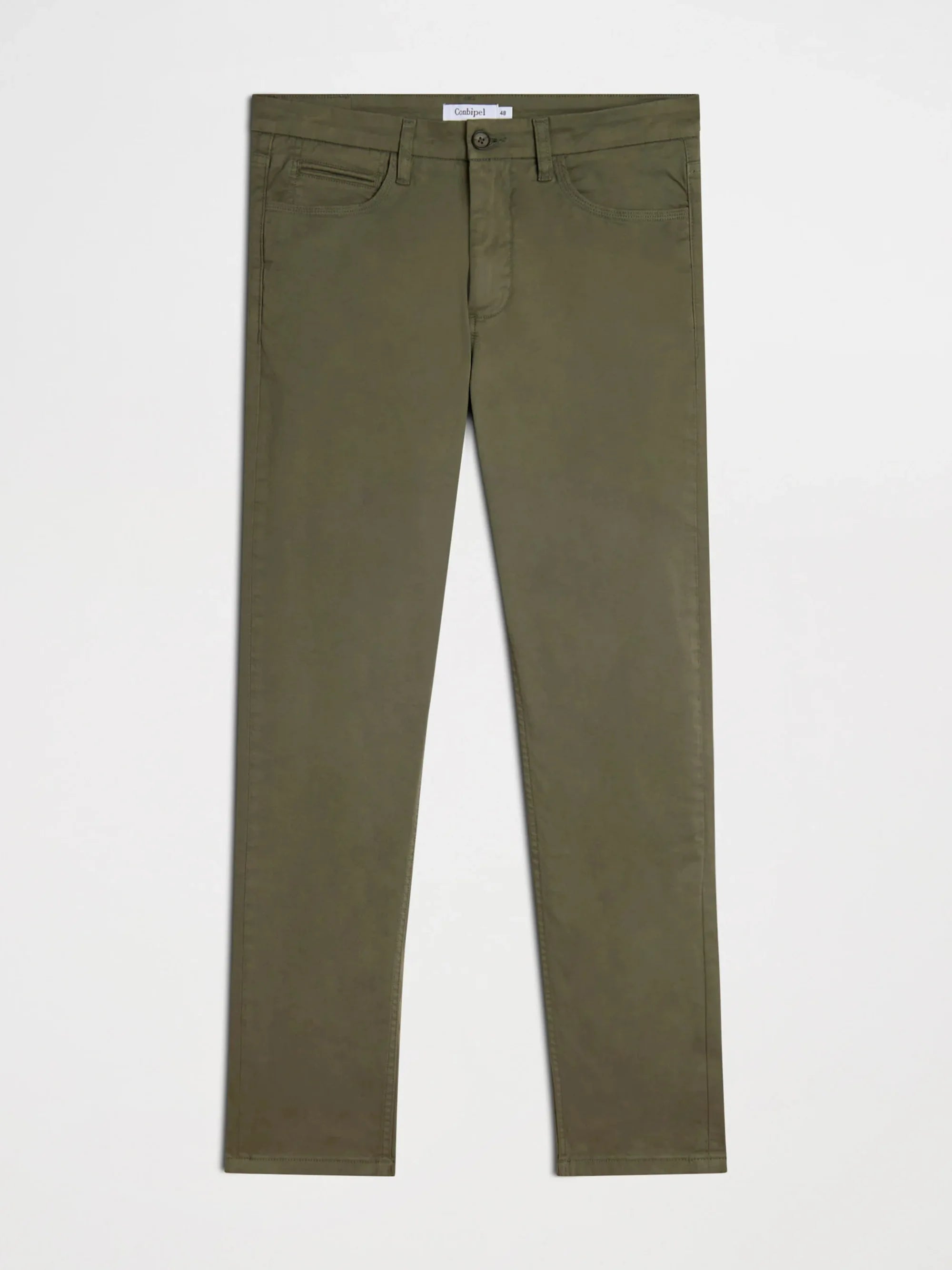 Five pocket slim fit olive green cotton pant