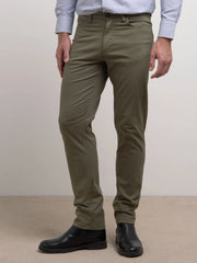 Five pocket slim fit olive green cotton pant