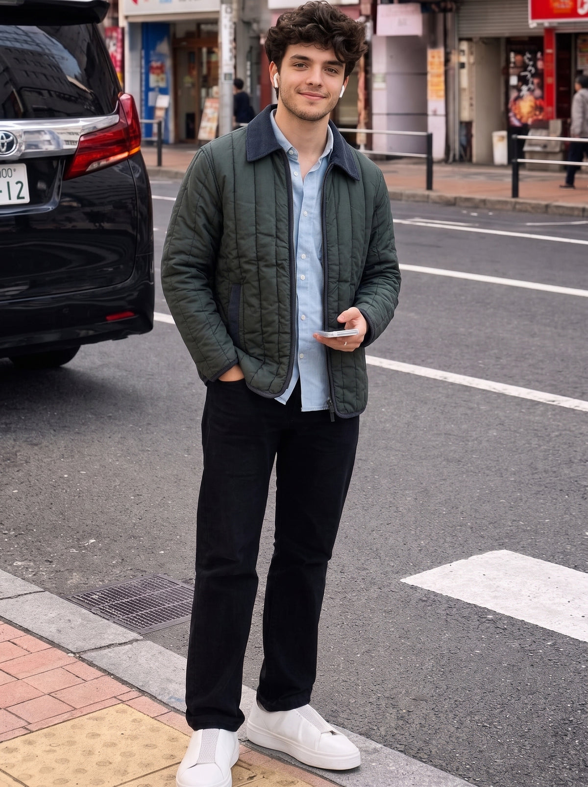 QUILTED JACKET WITH CONTRAST CORDUROY COLLAR