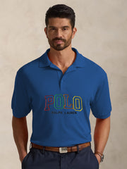 Men Colourful Embroidery Logo Blue Polo Shirt
