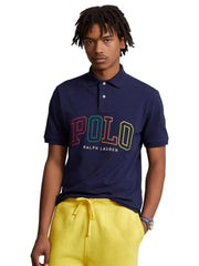 Men Colourful Embroidery Logo Navy Blue Polo Shirt