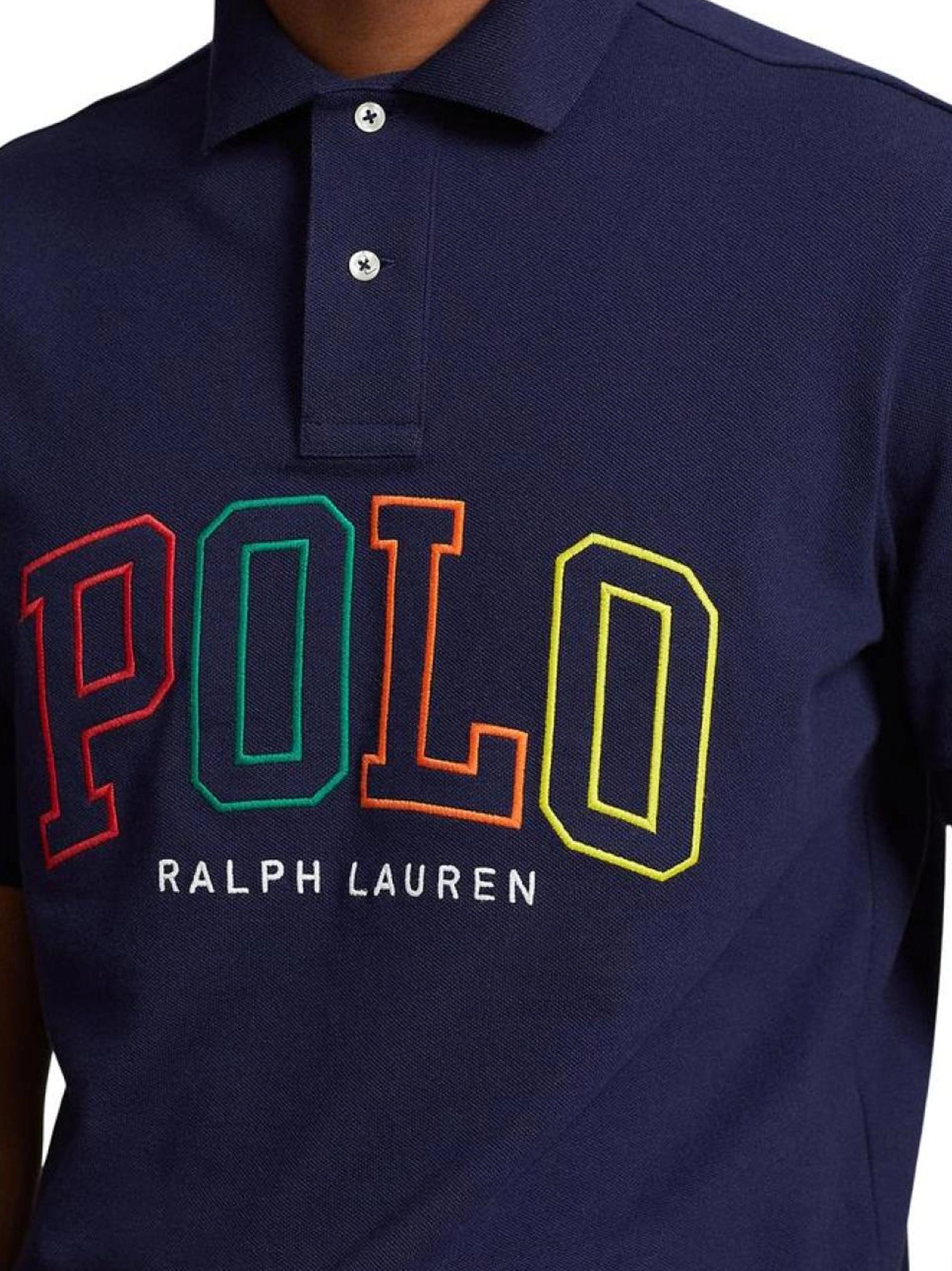 Men Colourful Embroidery Logo Navy Blue Polo Shirt