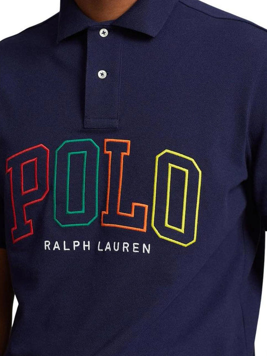 Men Colourful Embroidery Logo Navy Blue Polo Shirt