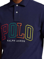 Men Colourful Embroidery Logo Navy Blue Polo Shirt