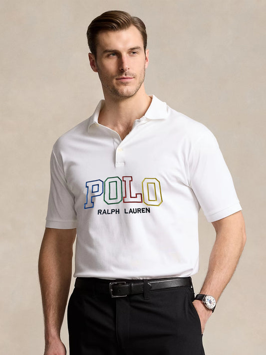 Men Colourful Embroidery Logo White Polo Shirt