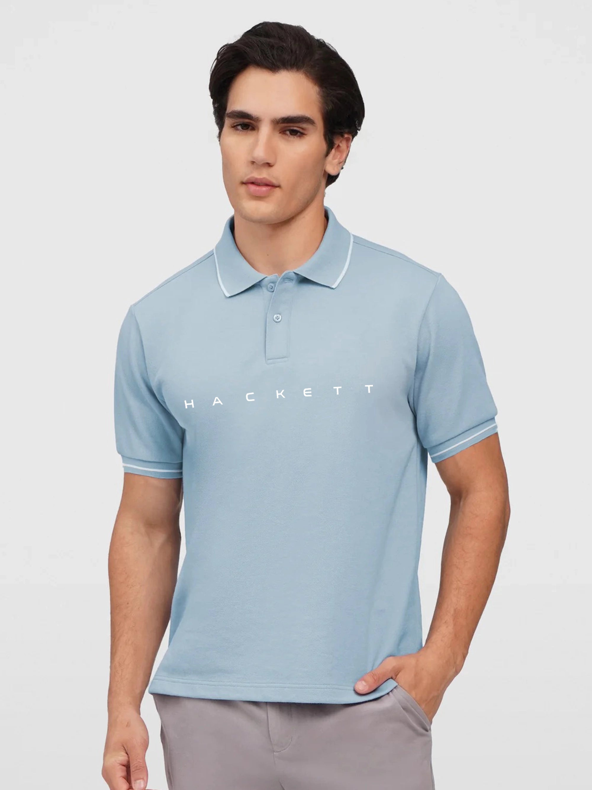 Men Embroidery Chest Logo Sky Blue Polo Shirt