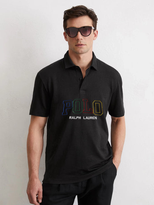 Men Colourful Embroidery Logo Black Polo Shirt