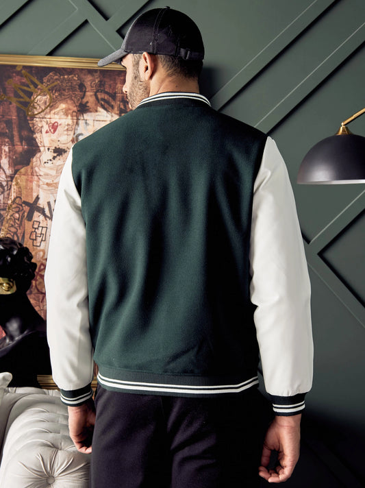 Men's Badge Detail Felt Green Baseball Jacket