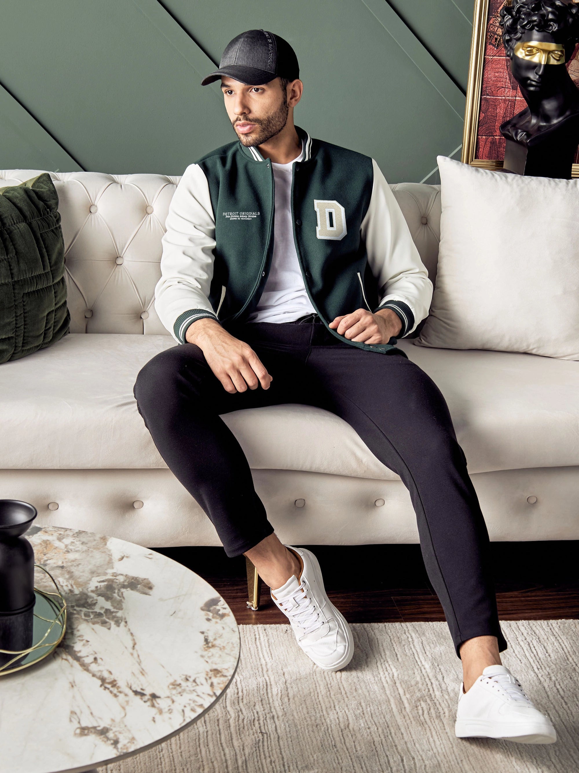 Men's Badge Detail Felt Green Baseball Jacket