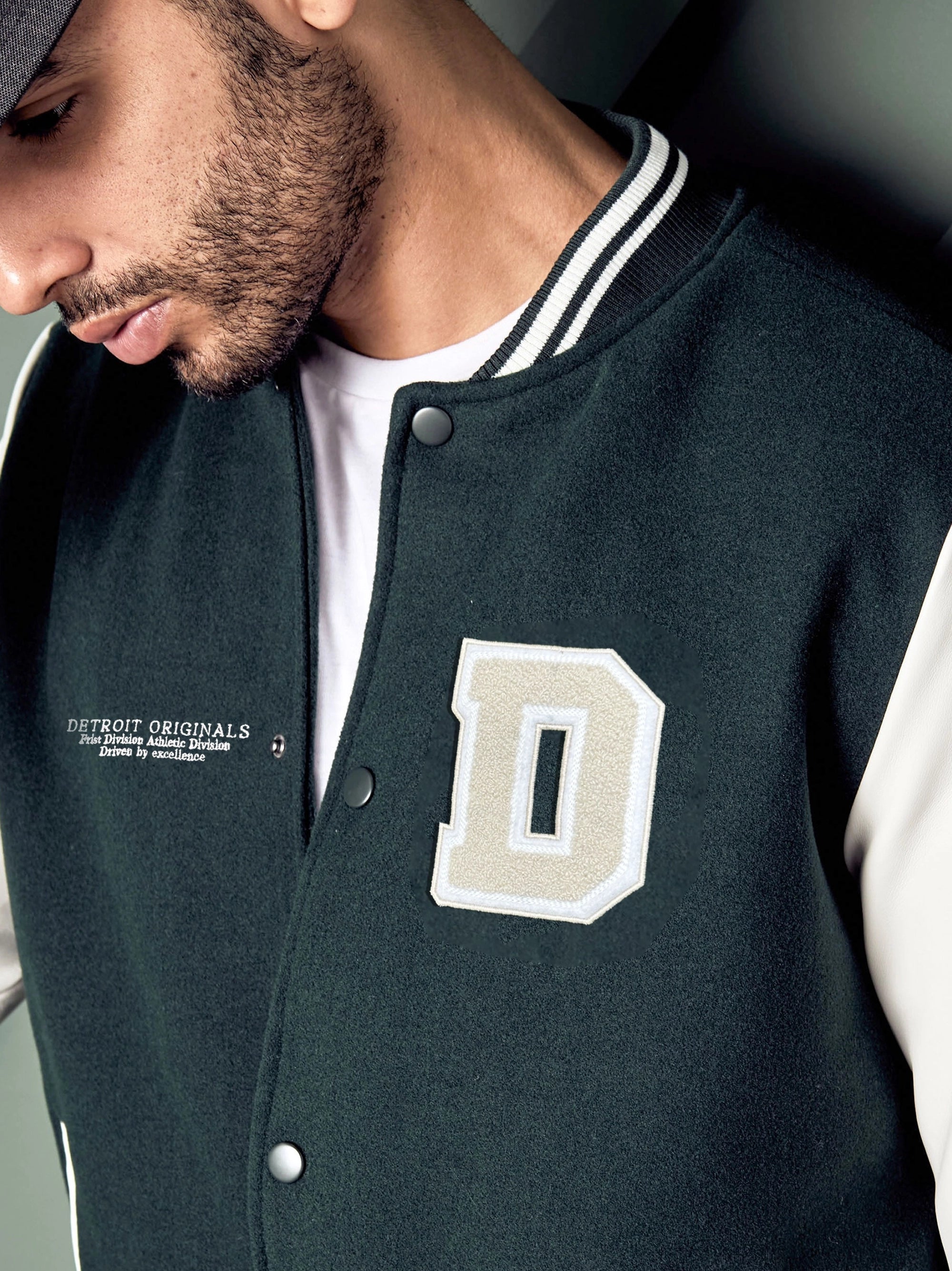 Men's Badge Detail Felt Green Baseball Jacket