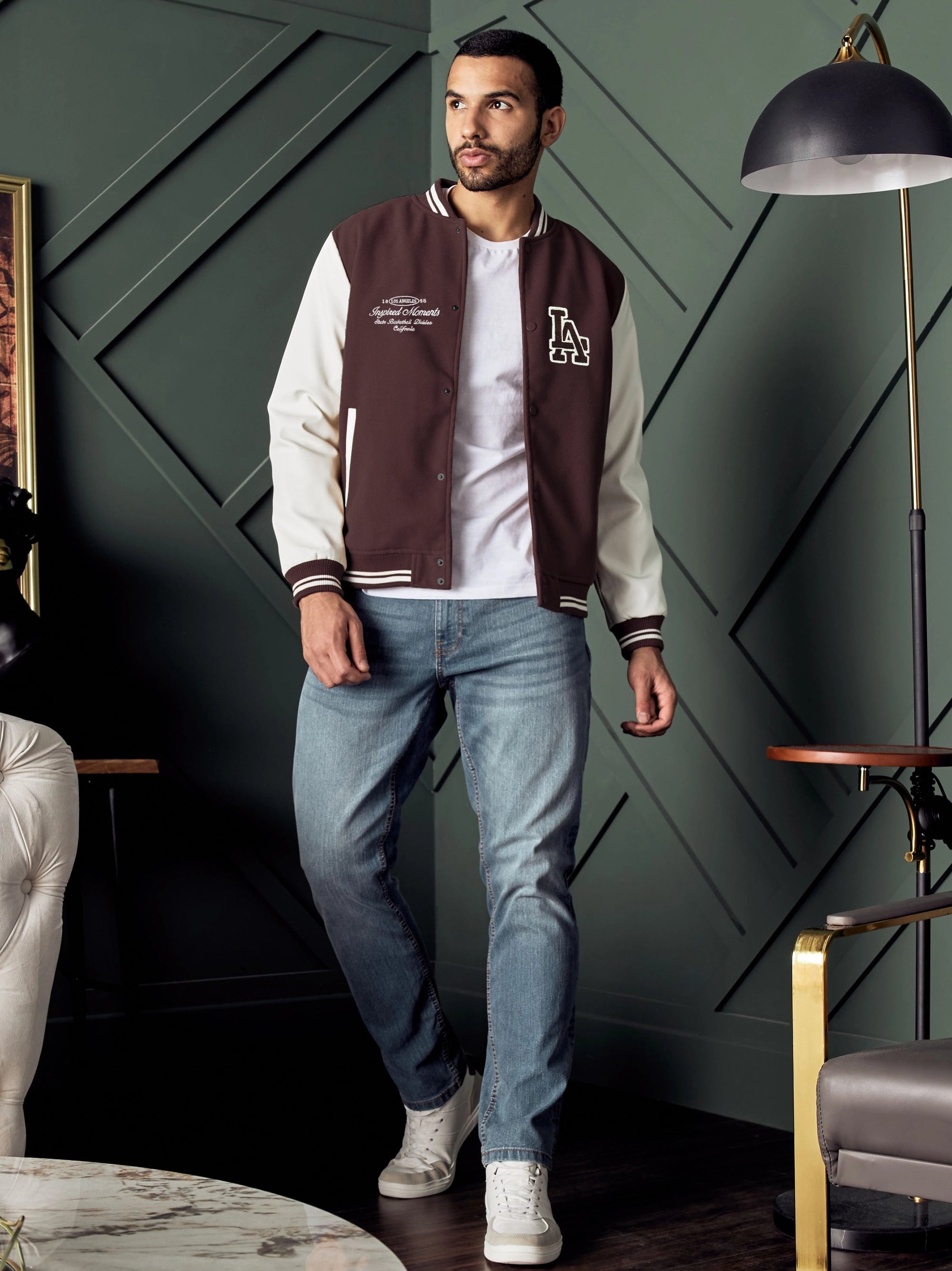 Men's Badge Detail Felt Maroon Baseball Jacket