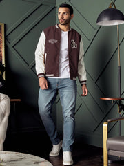 Men's Badge Detail Felt Maroon Baseball Jacket