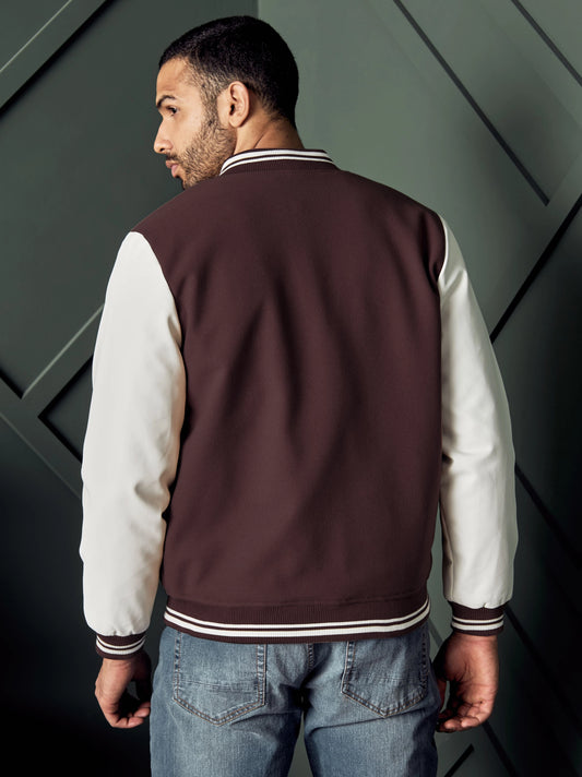 Men's Badge Detail Felt Maroon Baseball Jacket