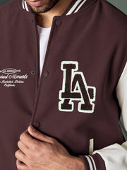Men's Badge Detail Felt Maroon Baseball Jacket
