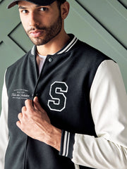 Men's Badge Detail Felt Navy Blue Baseball Jacket