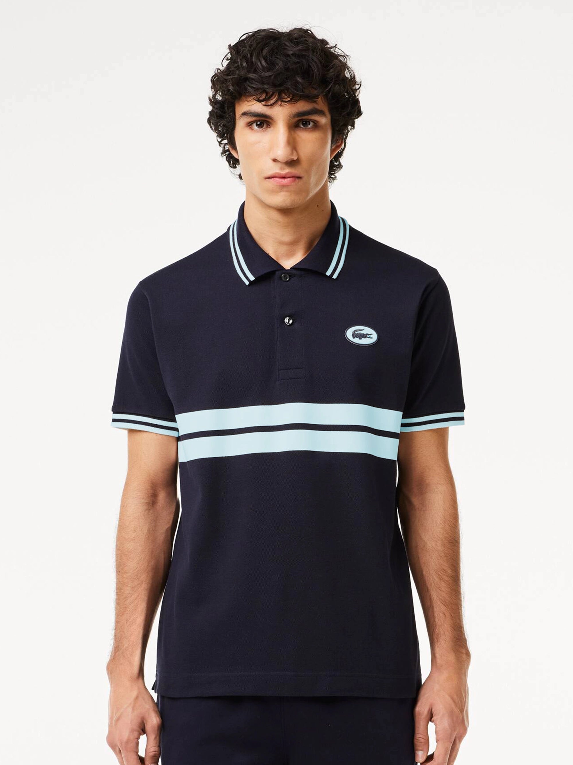 Men's Badge Logo Striped Navy Blue Polo Shirt