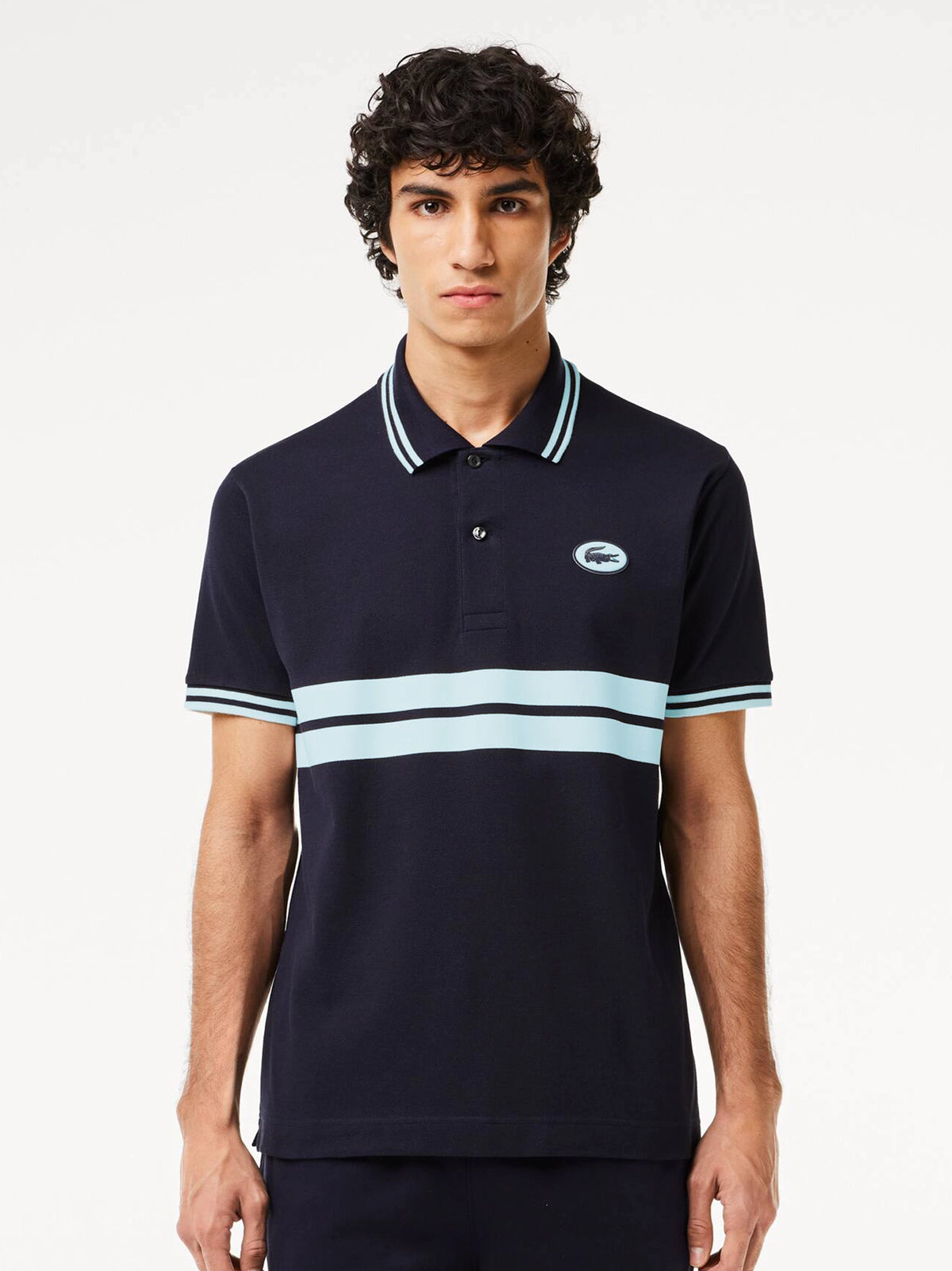 Men's Badge Logo Striped Navy Blue Polo Shirt