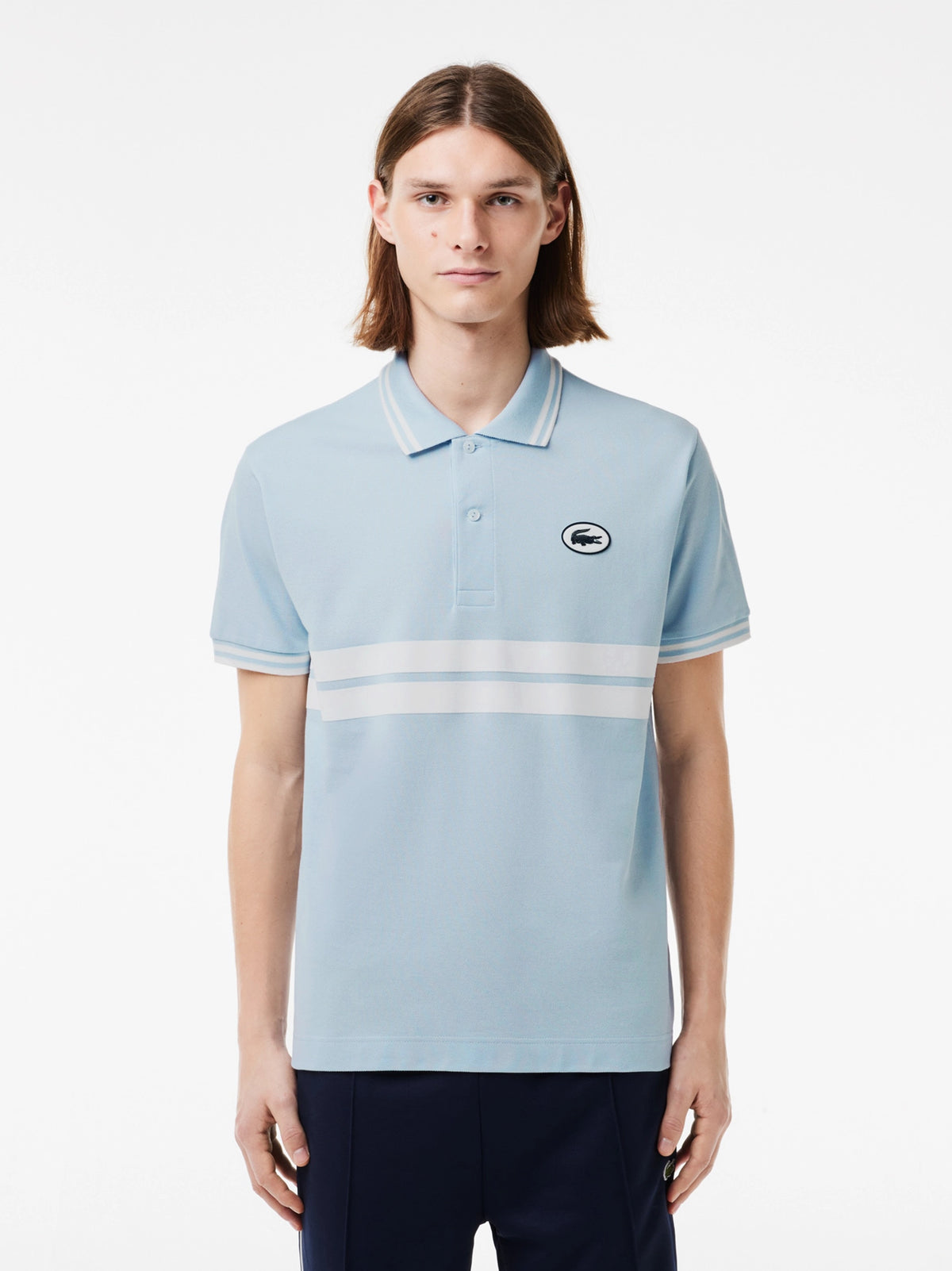 Men's Badge Logo Striped Sky Blue Polo Shirt