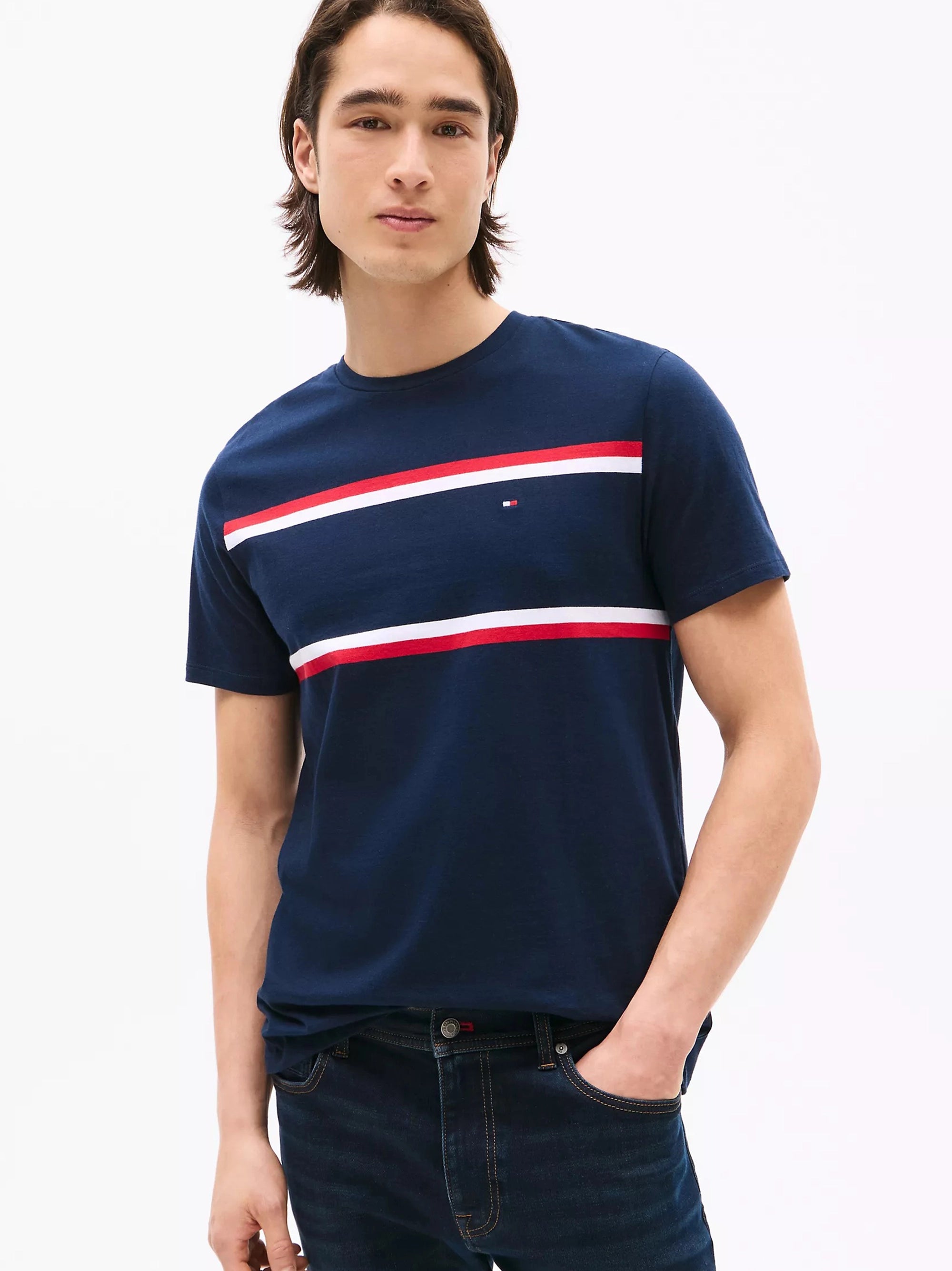 Men's Embroidery Logo Srtiped Navy Blue T-shirt