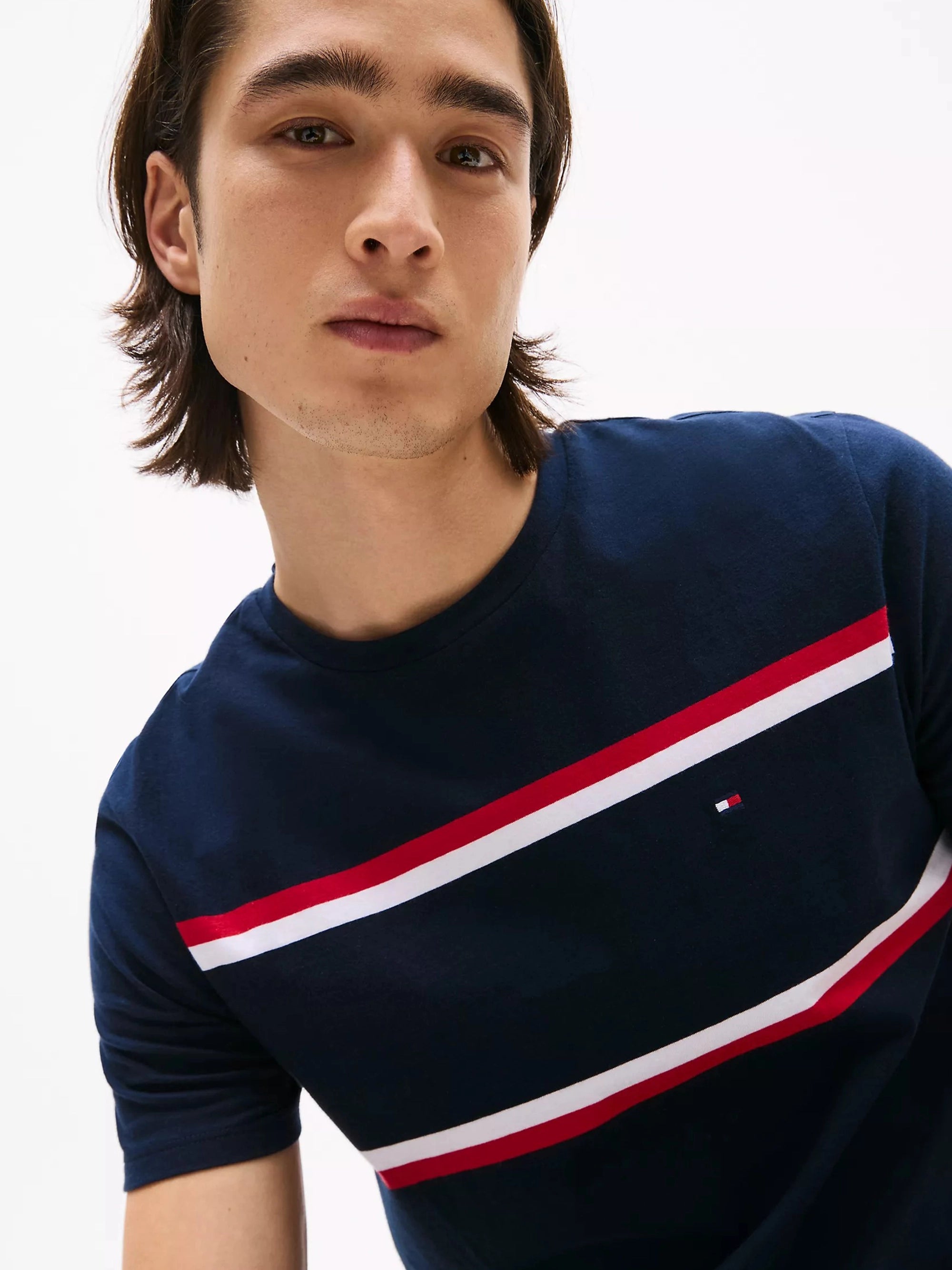 Men's Embroidery Logo Srtiped Navy Blue T-shirt