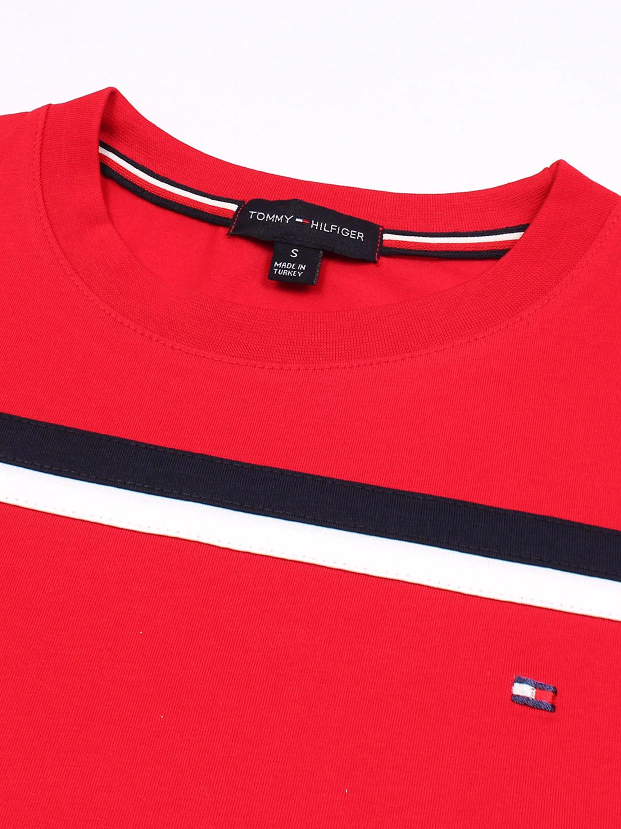 Men's Embroidery Logo Srtiped Red T-shirt