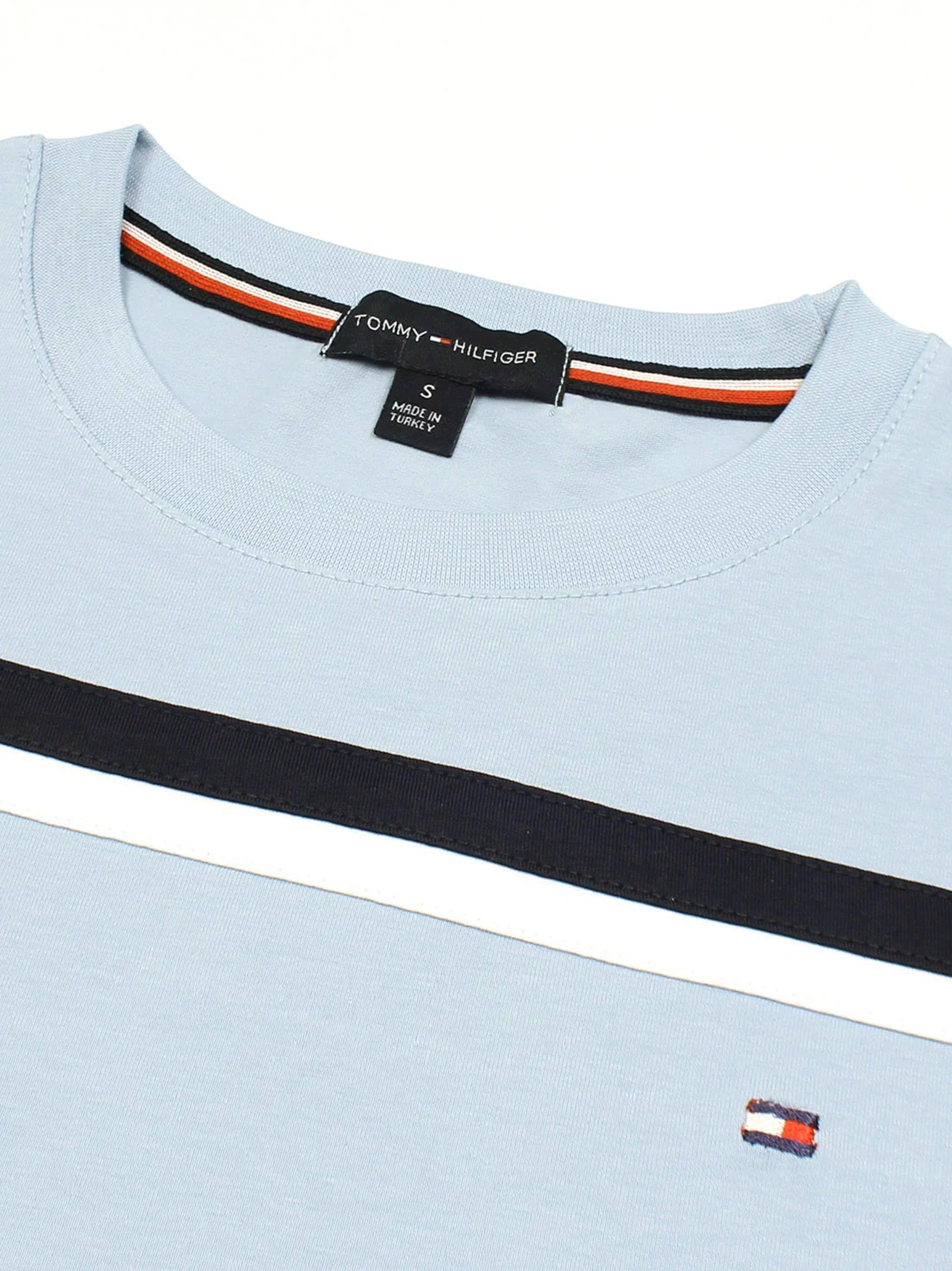Men's Embroidery Logo Srtiped Sky Blue T-shirt