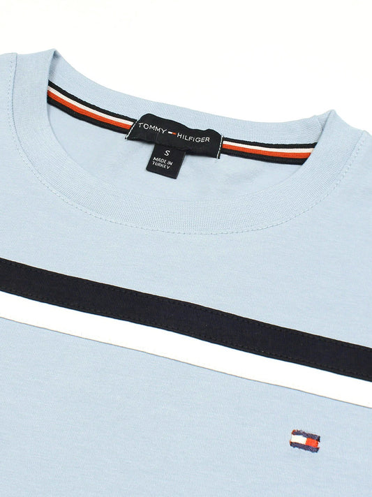 Men's Embroidery Logo Srtiped Sky Blue T-shirt