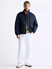 Men's Pocket Decoration Collar Long Blue Jacket