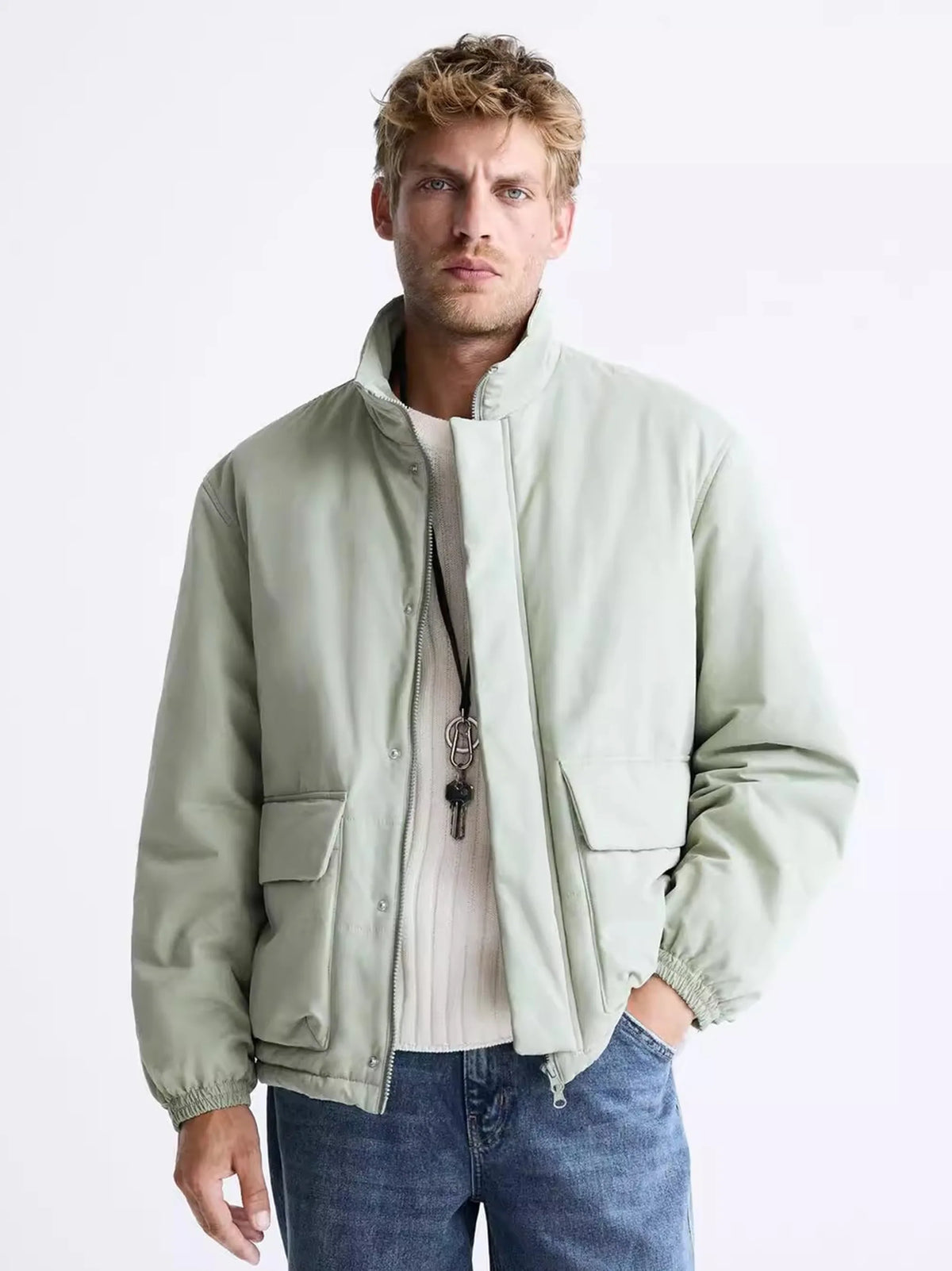 Men's Pocket Decoration Collar Long Light Green Jacket