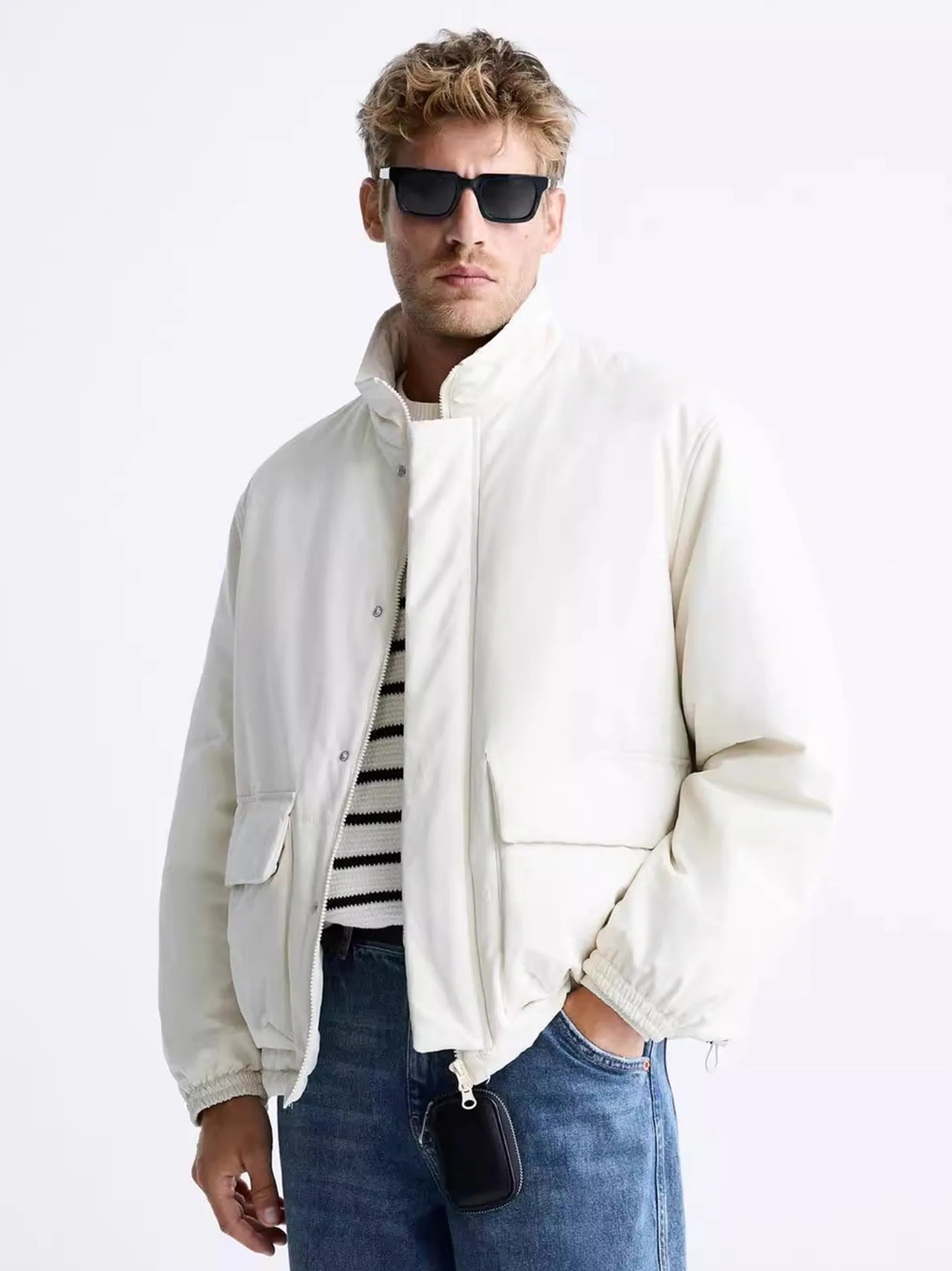 Men's Pocket Decoration Collar Long White Jacket