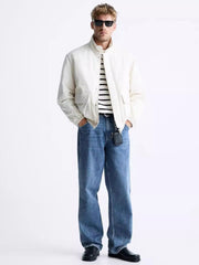 Men's Pocket Decoration Collar Long White Jacket