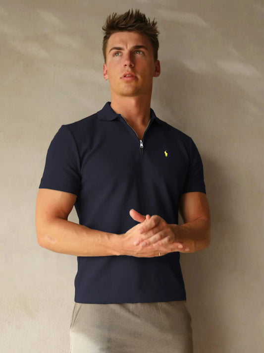 Men's Premium Navy Blue Zipper Polo Shirt