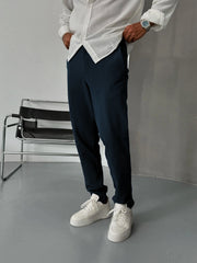 Men's Cotton Linen Navy Blue Trouser