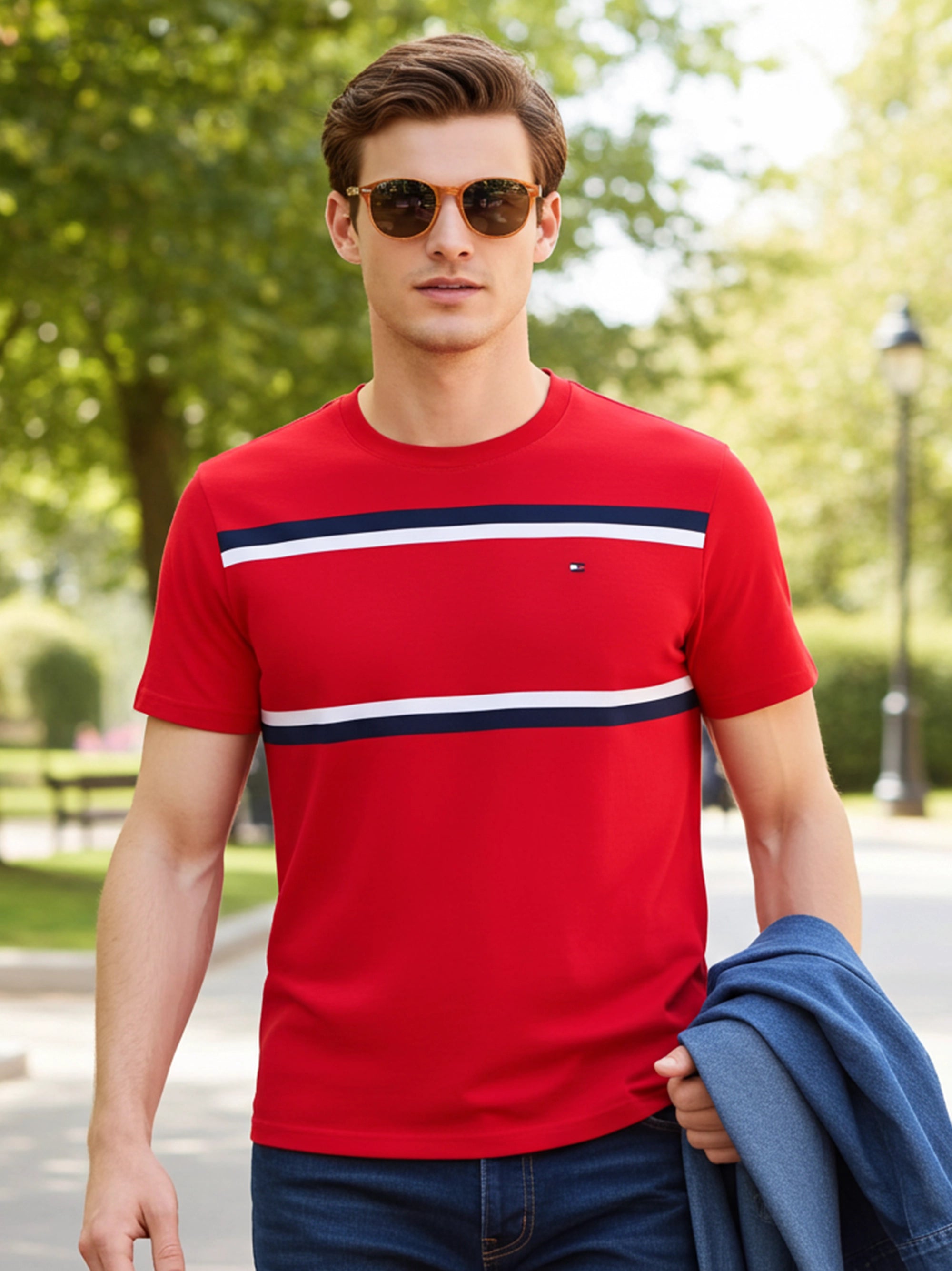 Men's Embroidery Logo Srtiped Red T-shirt