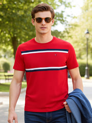 Men's Embroidery Logo Srtiped Red T-shirt