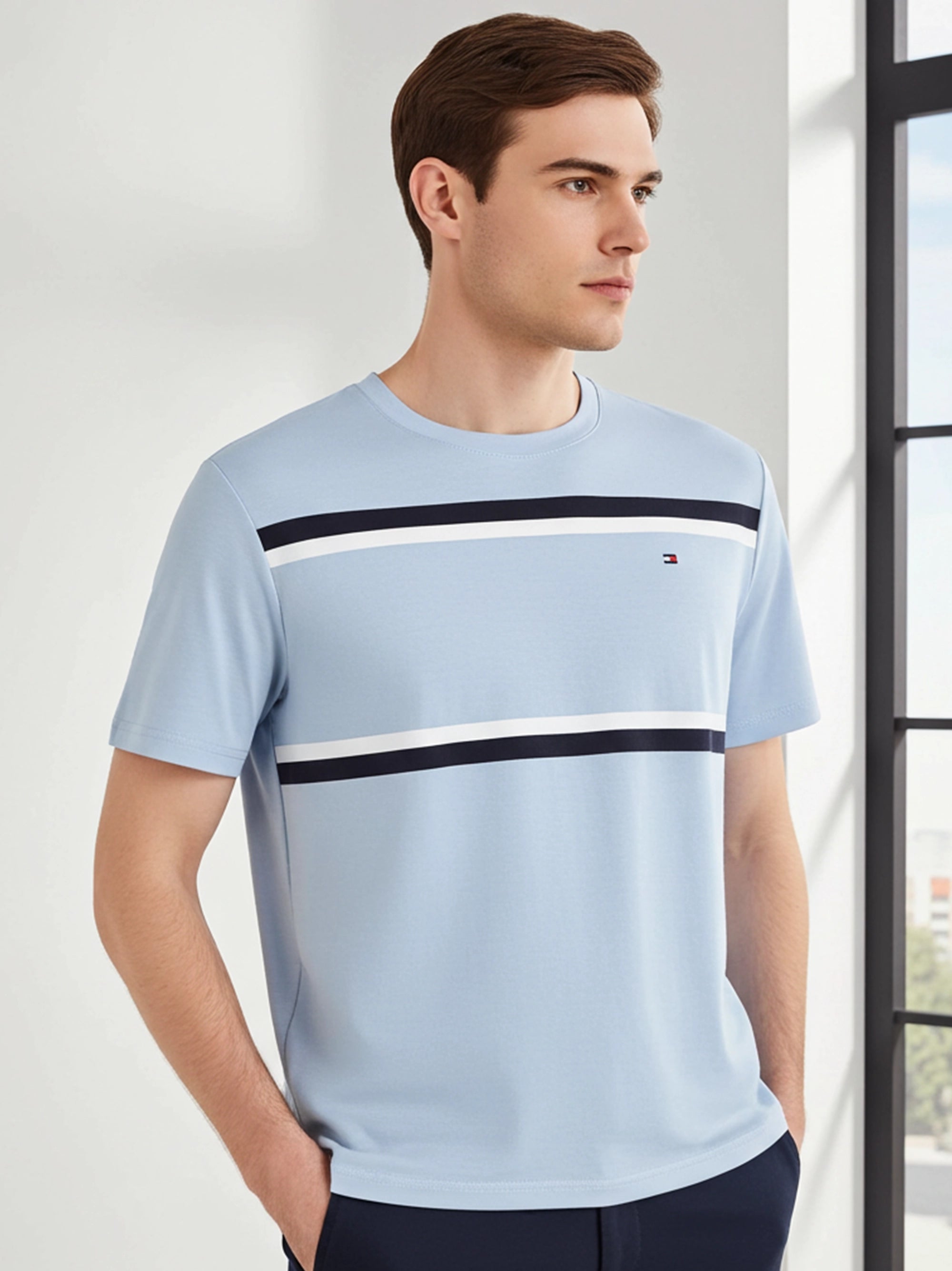 Men's Embroidery Logo Srtiped Sky Blue T-shirt