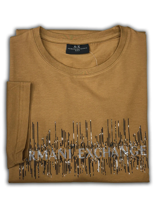 Mens Sequined Logo Crew Neck Cotton Mustard T-shirt