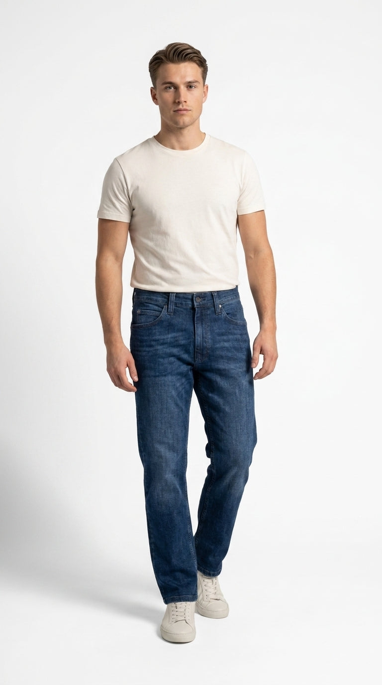 Mustang Men’s Dark Indigo Straight-Fit Jeans.