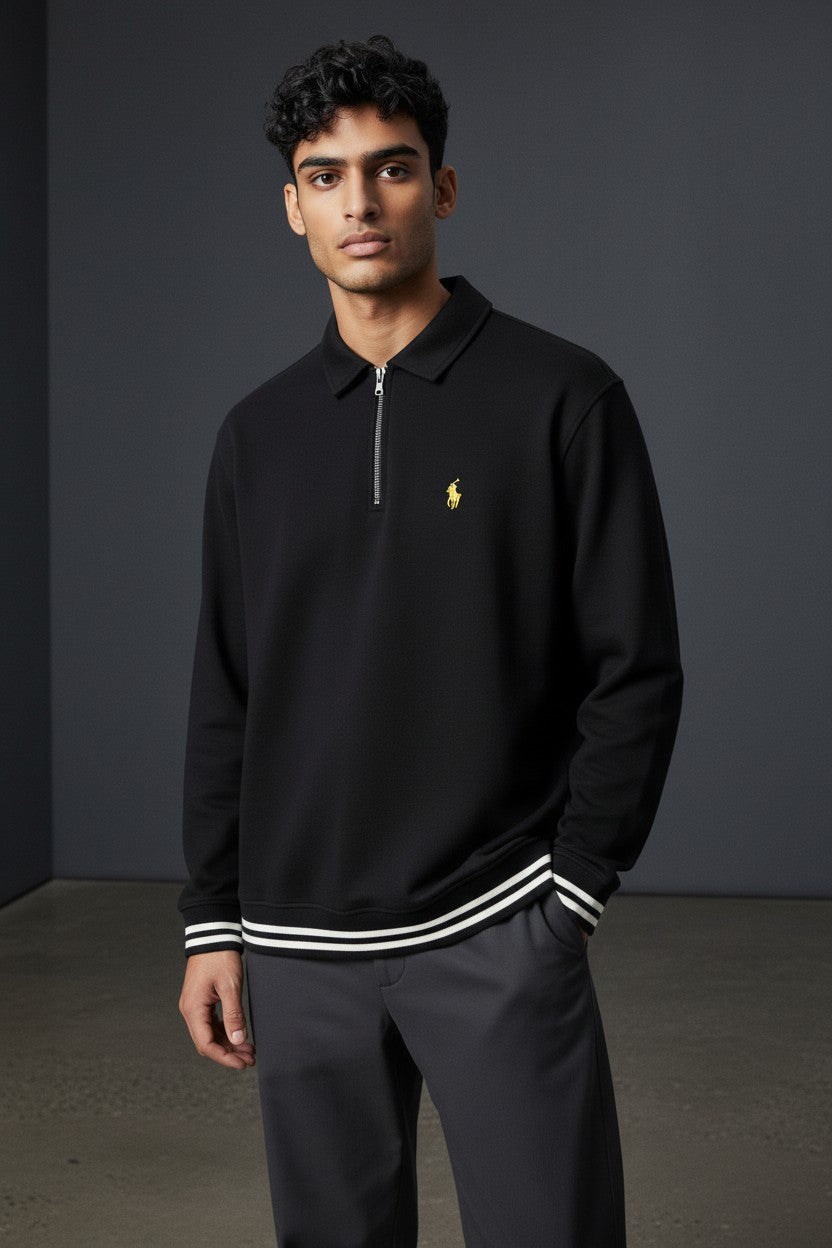 Black Men's Polo Quarter-Zip Ribbed Sweatshirt