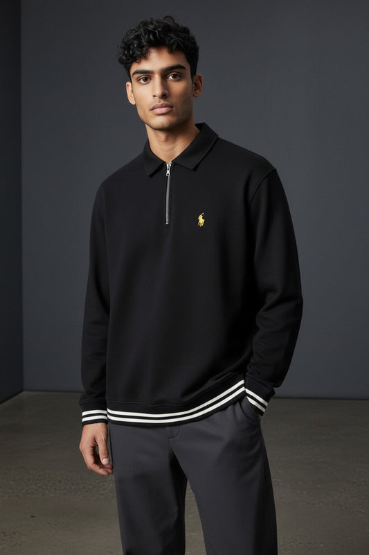 Black Men's Polo Quarter-Zip Ribbed Sweatshirt