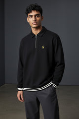 Black Men's Polo Quarter-Zip Ribbed Sweatshirt