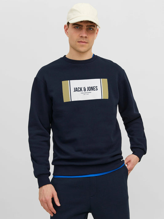 Premium Men Navy Blue Label Logo Print Sweatshirt