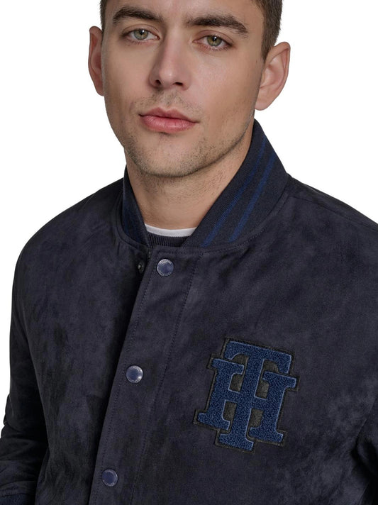 T|H Faux Suede Logo Varsity Bomber Navy Blue Jacket