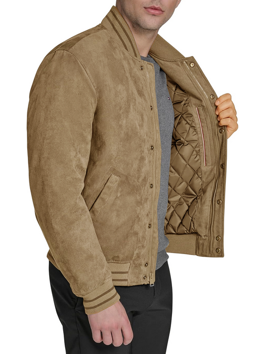 T|H Faux Suede Logo Varsity Bomber Camel Jacket